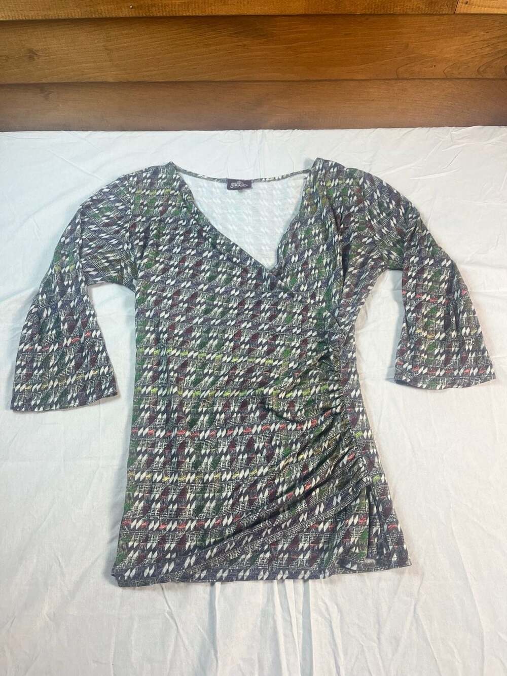 Salaam Geometric Print V-Neck Ruched Side Dress Made in USA Vermont Medium